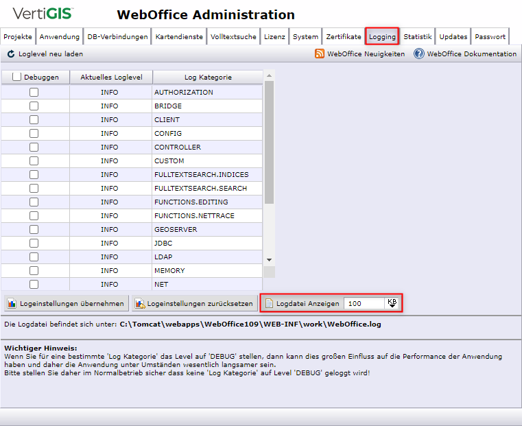 WebOffice 10.9 R2 SP1 Administrationsseiten - Logging