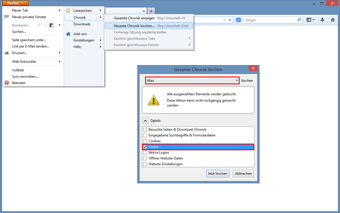 Browsercache leeren in Mozilla Firefox