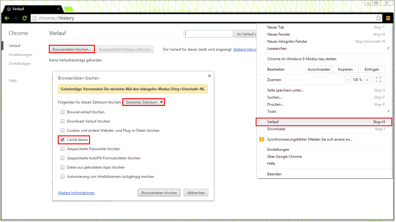 Browsercache leeren in Google Chrome