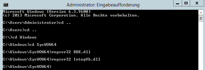 Administratorkonsole (CMD) zur Registierung der Integrator Bibliotheken