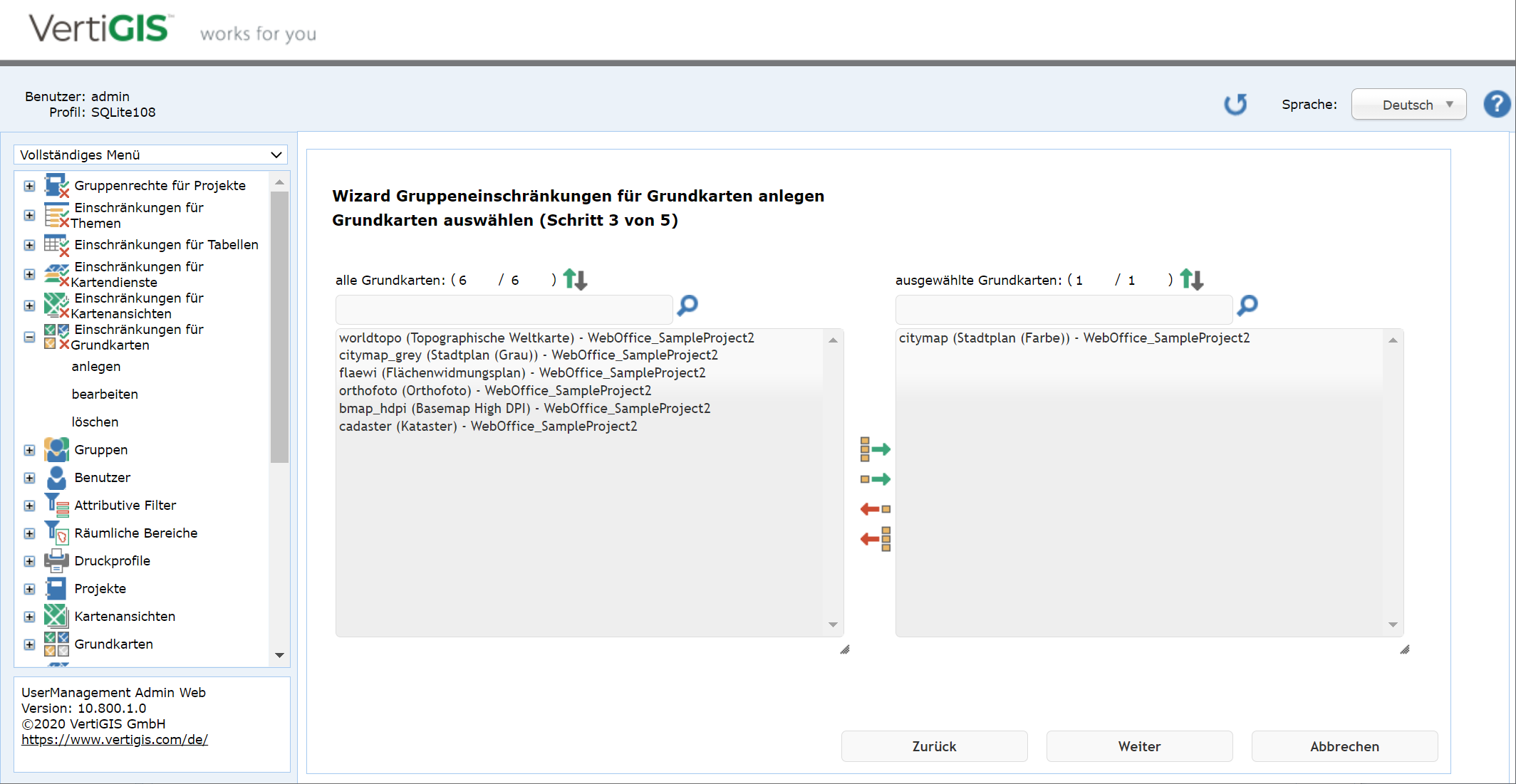 Gruppeneinschränkungen für Grundkarten anlegen - Schritt 3 Grundkarte auswählen