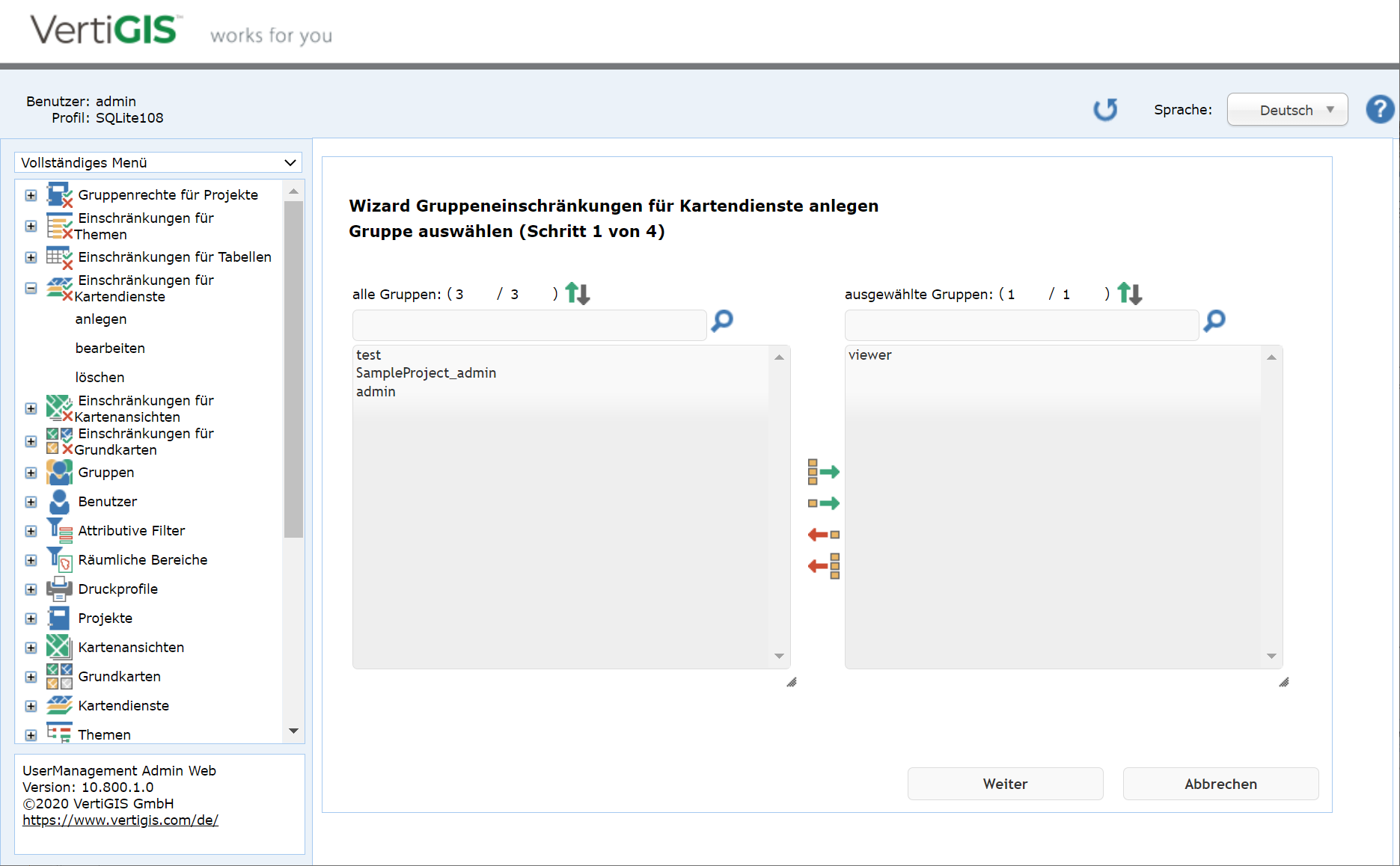 Gruppeneinschränkungen für Kartendienste anlegen - Schritt 1 Gruppe auswählen