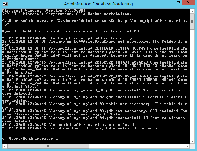 Konsolenausgabe bei Ausführung von CleanupUploadDirectories.py