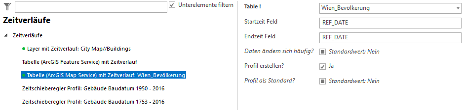 Konfiguration einer Tabelle (ArcGIS Map Service) mit Zeitverlauf
