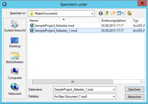 Speichern des ‚Master Kartendokuments' als „< Kartendokument Dateiname >_1.mxd“&nbsp;