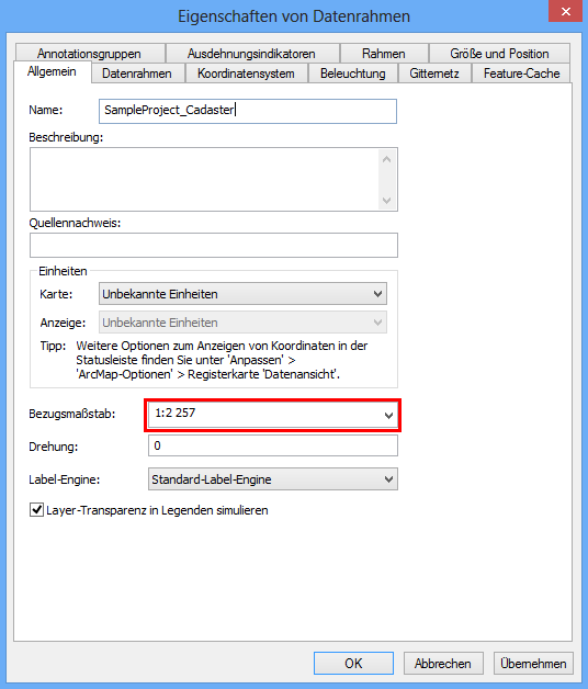 Einstellung des Bezugsmaßstabs in den Datenrahmen Eigenschaften