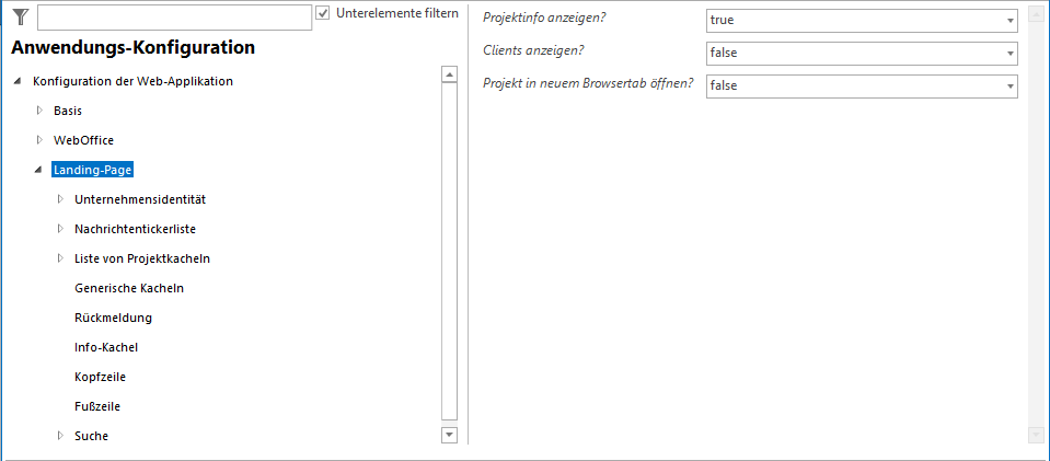 Grundeinstellungen für die Landing Page in der Anwendungskonfiguration