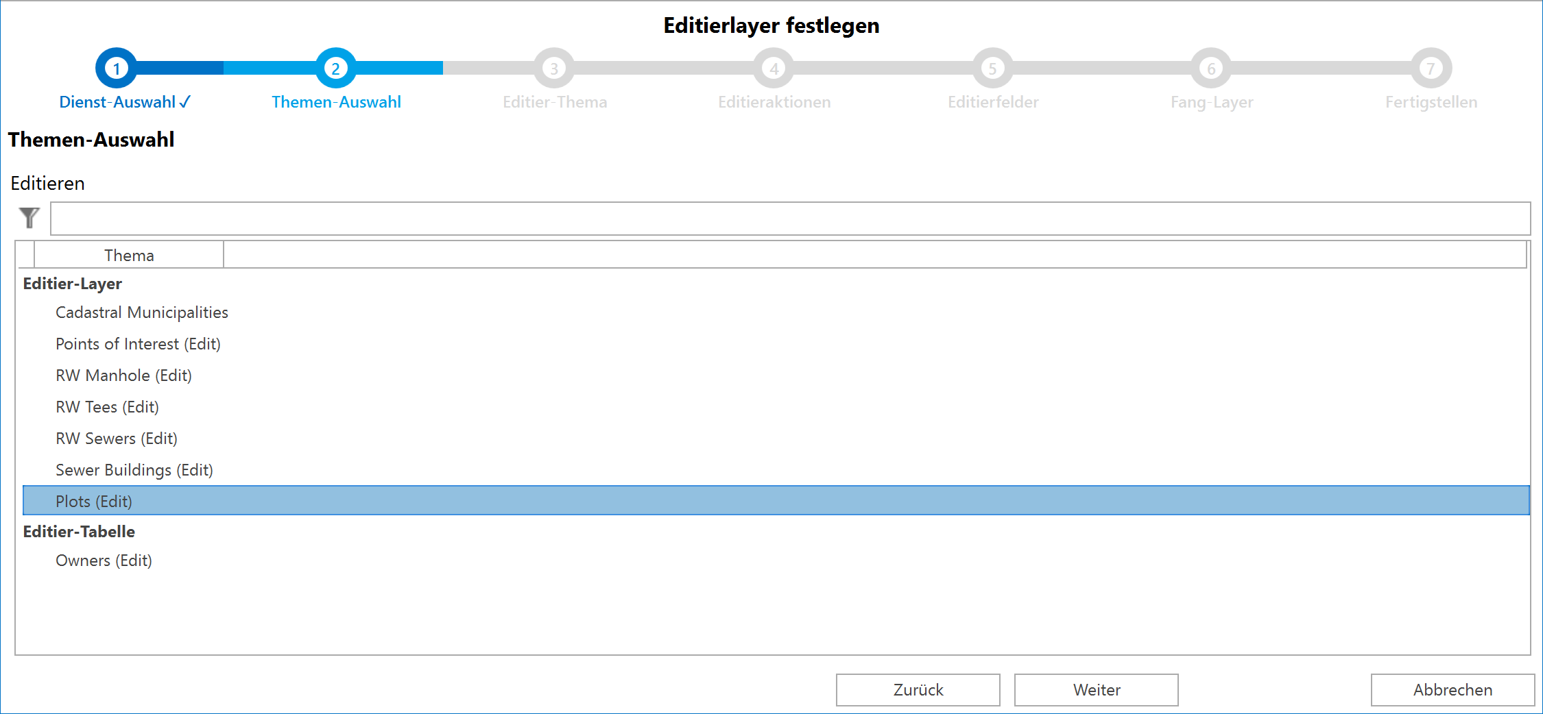 Wizard Editierlayer festlegen, Schritt 2