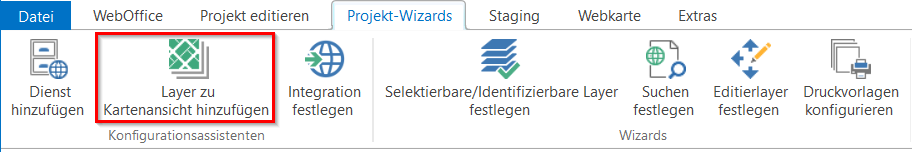 "Layer zu Kartenansicht hinzufügen"- Konfigurationsassistent im Menü des WebOffice author standalone