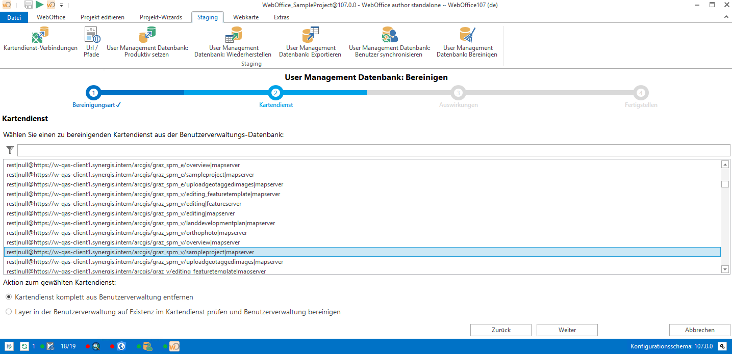 Auswahl der Aktion zum gewählten Kartendienst