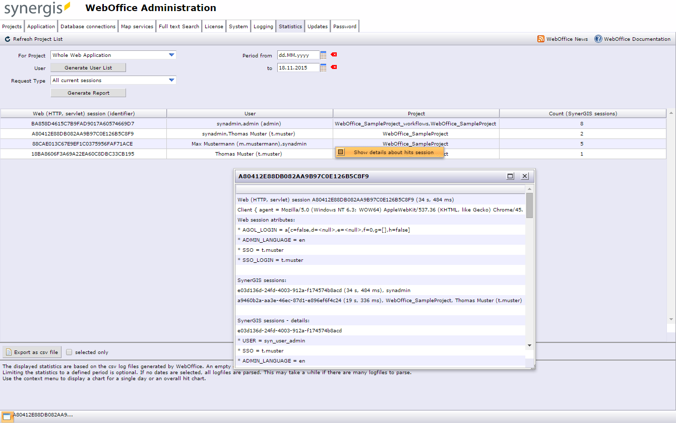 SynAdmin statistics tab - All current sessions SynAdmin statistics tab - All current sessions