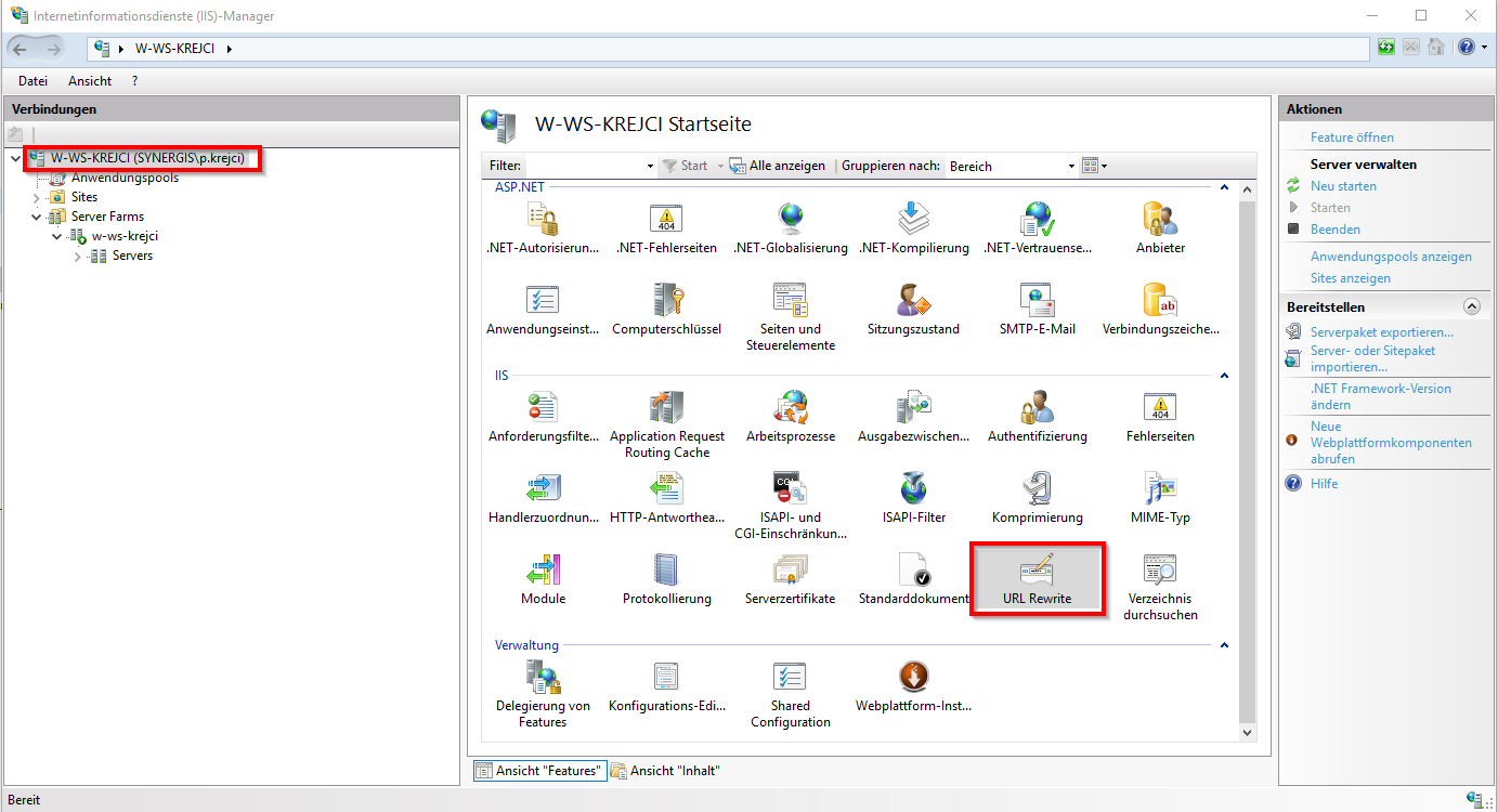 Opening the forwarding rules in IIS