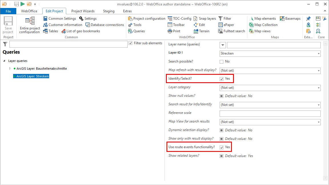 Configuration of an identifiable/selectable layer with route events functionality