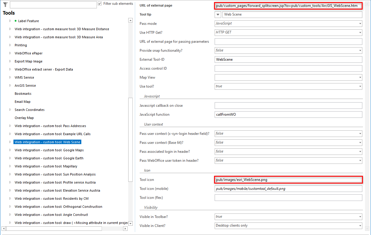 Configuring a custom tool for Web Scene