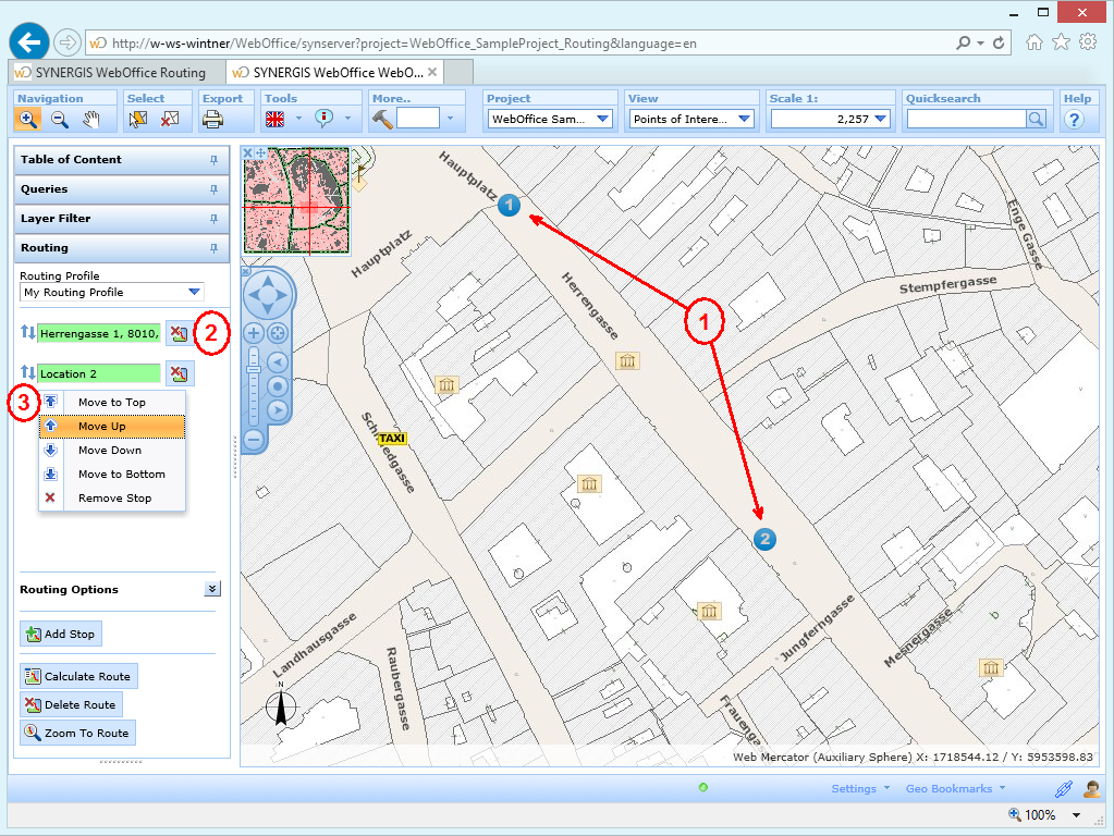 (1) - known stops in the map (2) - button to delete stop (3) - button to change order of stops