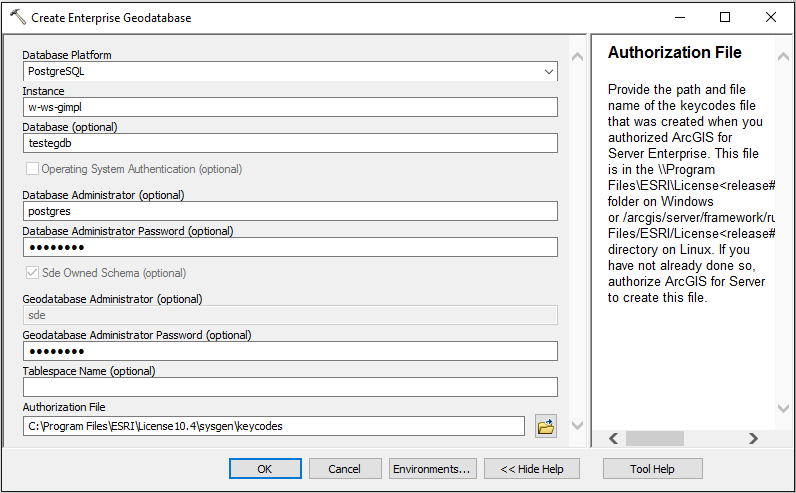 Creation of a new geodatabase by using the tool Create Enterprise Geodatabase in ArcMap Creation of a new geodatabase by using the tool Create Enterprise Geodatabase in ArcMap
