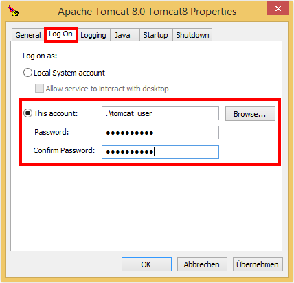 Log On with the local Apache Tomcat User