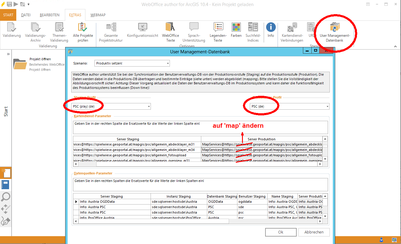 The application profile from the pre-production server is selected as the staging profile (left side) - that from the production server as the production profile (right side). In addition, the URLs must be adapted to those of the production server (right side). The application profile from the pre-production server is selected as the staging profile (left side) - that from the production server as the production profile (right side). In addition, the URLs must be adapted to those of the production server (right side).