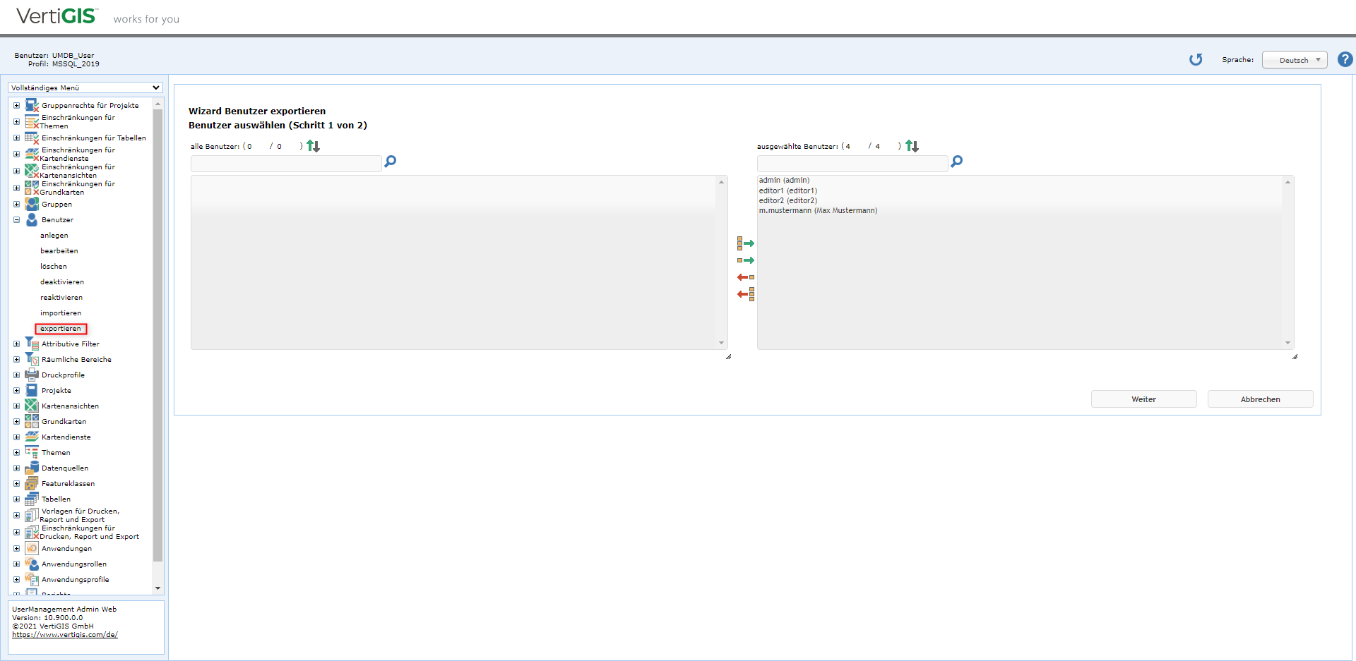 Selection of users to export