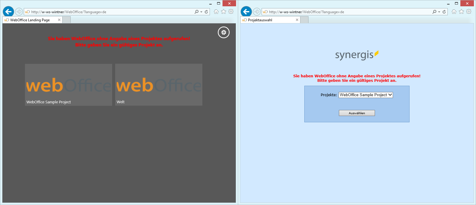 Call of a WebOffice 10.9 R2 SP1 application without specification of a project in English language (left: traditional / right: modern)