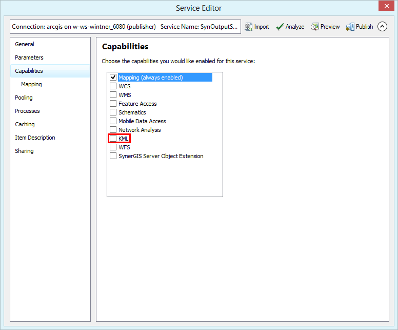 Deactivate KML in the capabilities