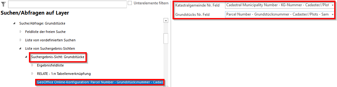 Click on the respective search result view on the right! Enter the name of the field of the respective cadastral municipality number for Cadastral municipality no. field and the name of the field of the respective property number for Property no. field.
