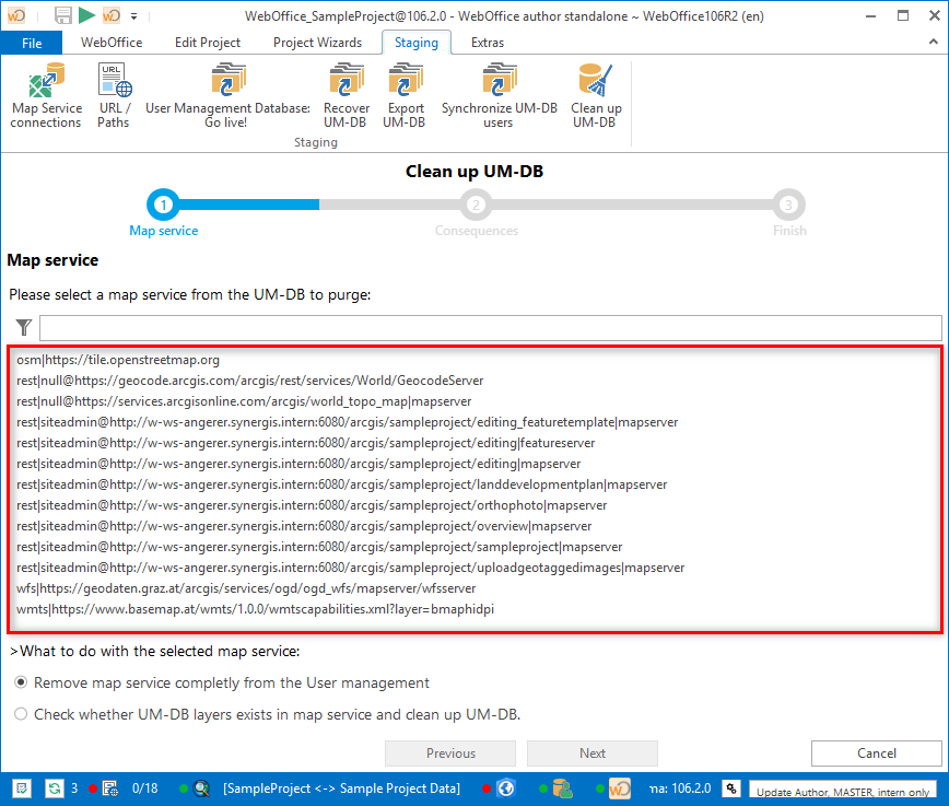 Selection of the purged map service Selection of the purged map service