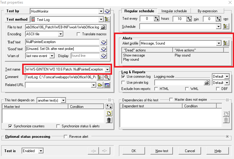 Testname und Benachrichtigungsmethode definieren