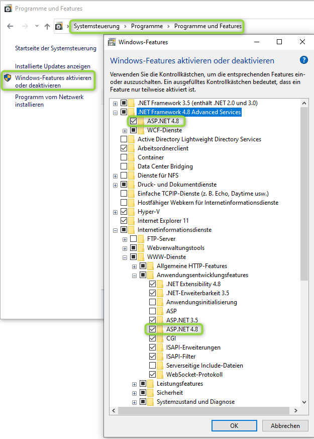 Vorausgesetzte IIS Komponenten für WebOffice usermanagement