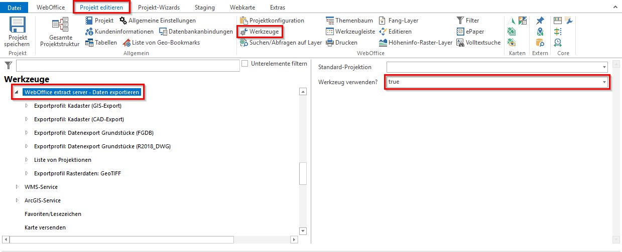 Aktivieren Sie das WebOffice extract server Werkzeug im WebOffice author standalone