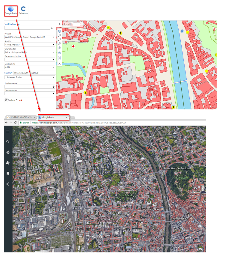 Ausführen des Custom Tool mit anschließendem Öffnen eines neuen Tabs/Fensters, in dem Google Earth © aufgerufen wird Ausführen des Custom Tool mit anschließendem Öffnen eines neuen Tabs/Fensters, in dem Google Earth © aufgerufen wird