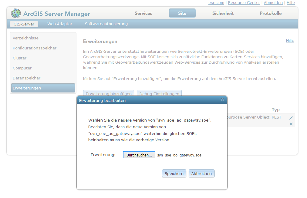 Aktualisierung der Server Object Extension über den ArcGIS Server Manager Aktualisierung der Server Object Extension über den ArcGIS Server Manager