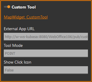 Auflistung aller Custom Tools im Testcontainer, die explizit für das WebOffice map widget konfiguriert wurden