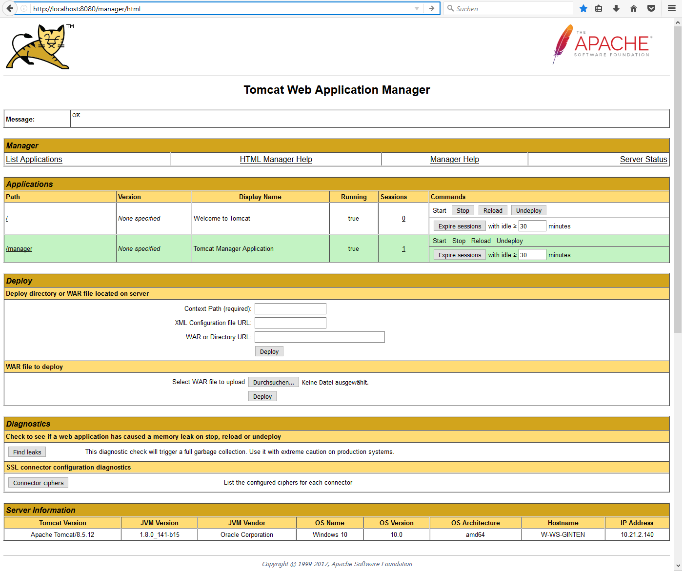 Tomcat Manager - Testen der Apache Tomcat Installation Tomcat Manager - Testen der Apache Tomcat Installation
