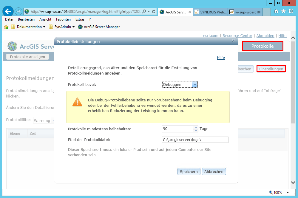 Festlegen des Protokoll-Levels (Loglevels) im ArcGIS Server Manager