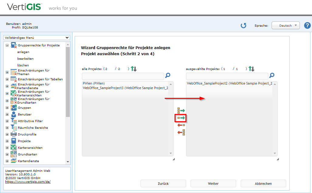 Gruppenrechte für Projekte anlegen - Schritt 2 Projekt(e) auswählen Gruppenrechte für Projekte anlegen - Schritt 2 Projekt(e) auswählen