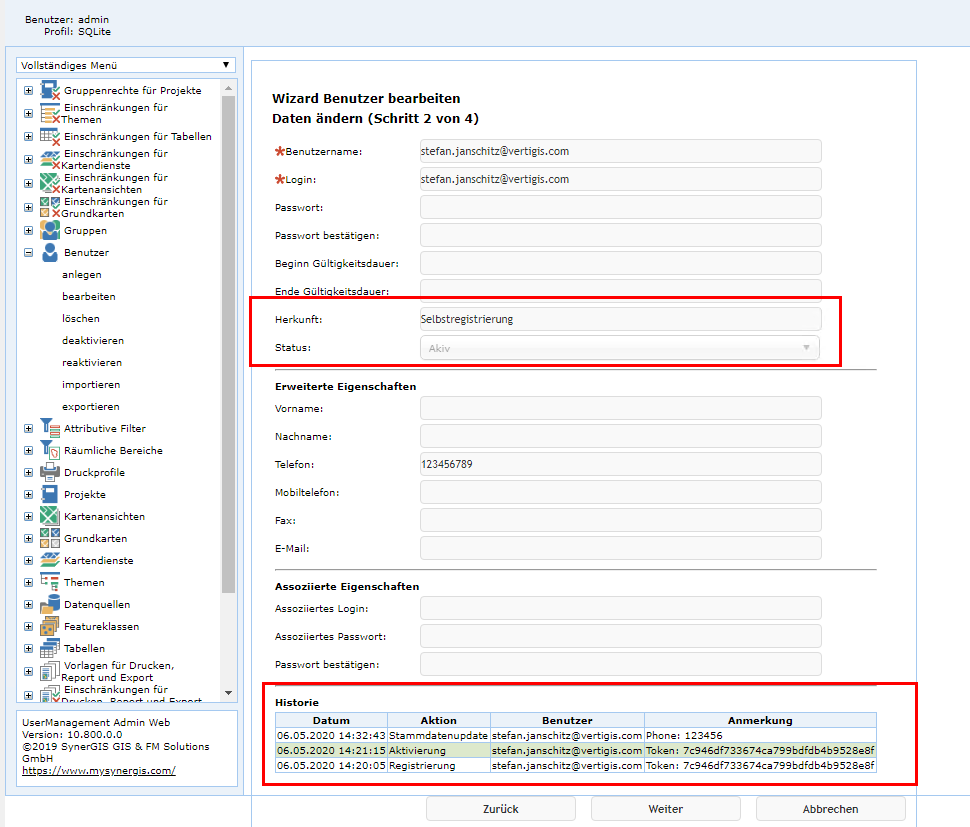 In der UM-DB gespeicherter Benutzer In der UM-DB gespeicherter Benutzer