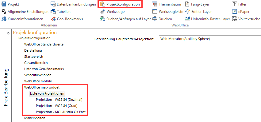 Konfiguration einer Liste von Projektionen für WebOffice map widget - Werkzeug Click Info Konfiguration einer Liste von Projektionen für WebOffice map widget - Werkzeug Click Info