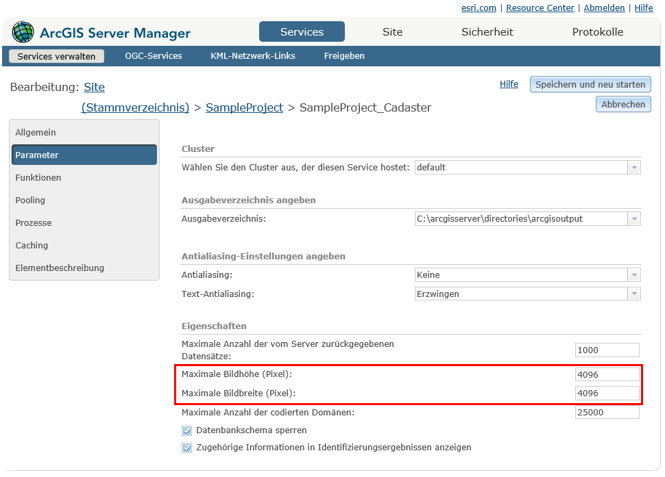 Erhöhen der Bildgröße eines Kartendienstes im ArcGIS Server Manager Erhöhen der Bildgröße eines Kartendienstes im ArcGIS Server Manager