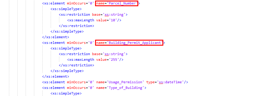 Feldname Parcel_Number und Building_Permit_Applicant  in den Namenseigenschaften von Feldern im WFS Schema 