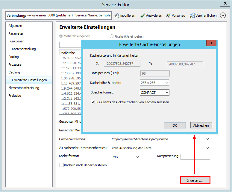 Service Editor - Erweiterte Cache-Einstellungen