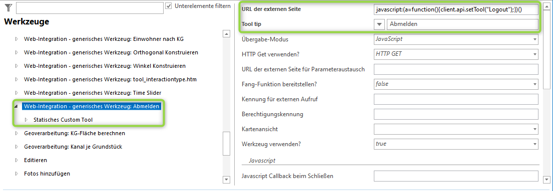 Konfiguration des generischen Werkzeugs für "Abmelden" in der Werkzeugleiste Konfiguration des generischen Werkzeugs für "Abmelden" in der Werkzeugleiste