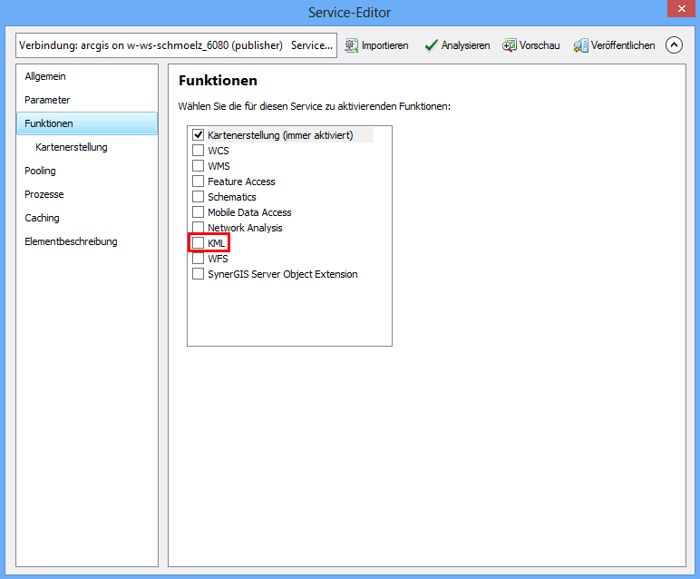 Deaktivieren von KML in den Funktionen im Service-Editor