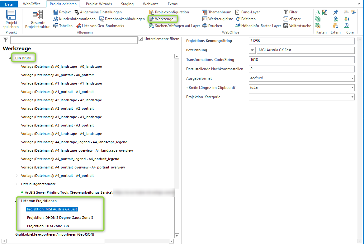 Konfiguration einer Projektion in der Liste von Projektionen Konfiguration einer Projektion in der Liste von Projektionen