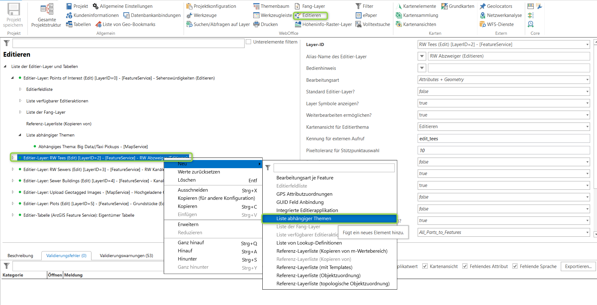 Editierlayer - Konfiguration einer Liste abhängiger Themen Editierlayer - Konfiguration einer Liste abhängiger Themen