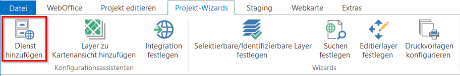 "Dienst hinzufügen"- Konfigurationsassistent im Menü des WebOffice author standalone "Dienst hinzufügen"- Konfigurationsassistent im Menü des WebOffice author standalone