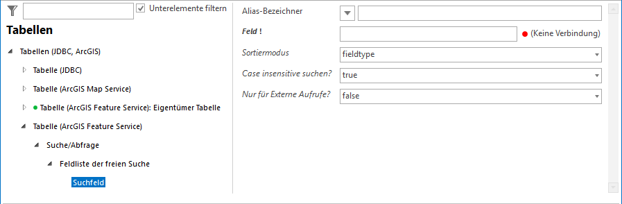 Feldliste der freien Suche und Suchfeld Feldliste der freien Suche und Suchfeld