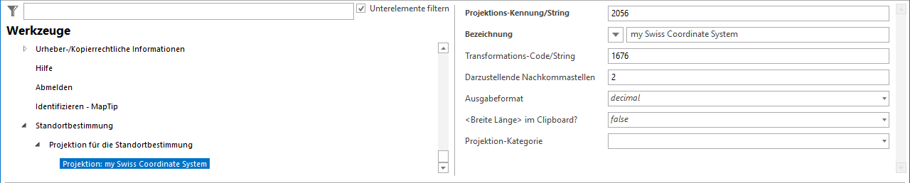 Koordinatenanzeige für die Standortbestimmung im WebOffice flex Client