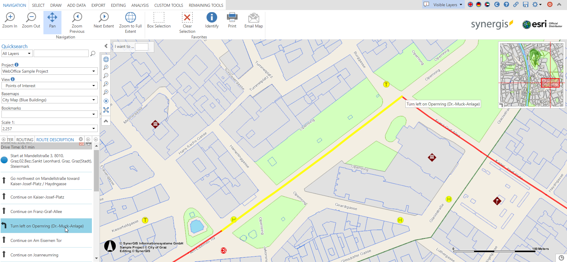 Selection of the individual route segments including description in the map area Selection of the individual route segments including description in the map area
