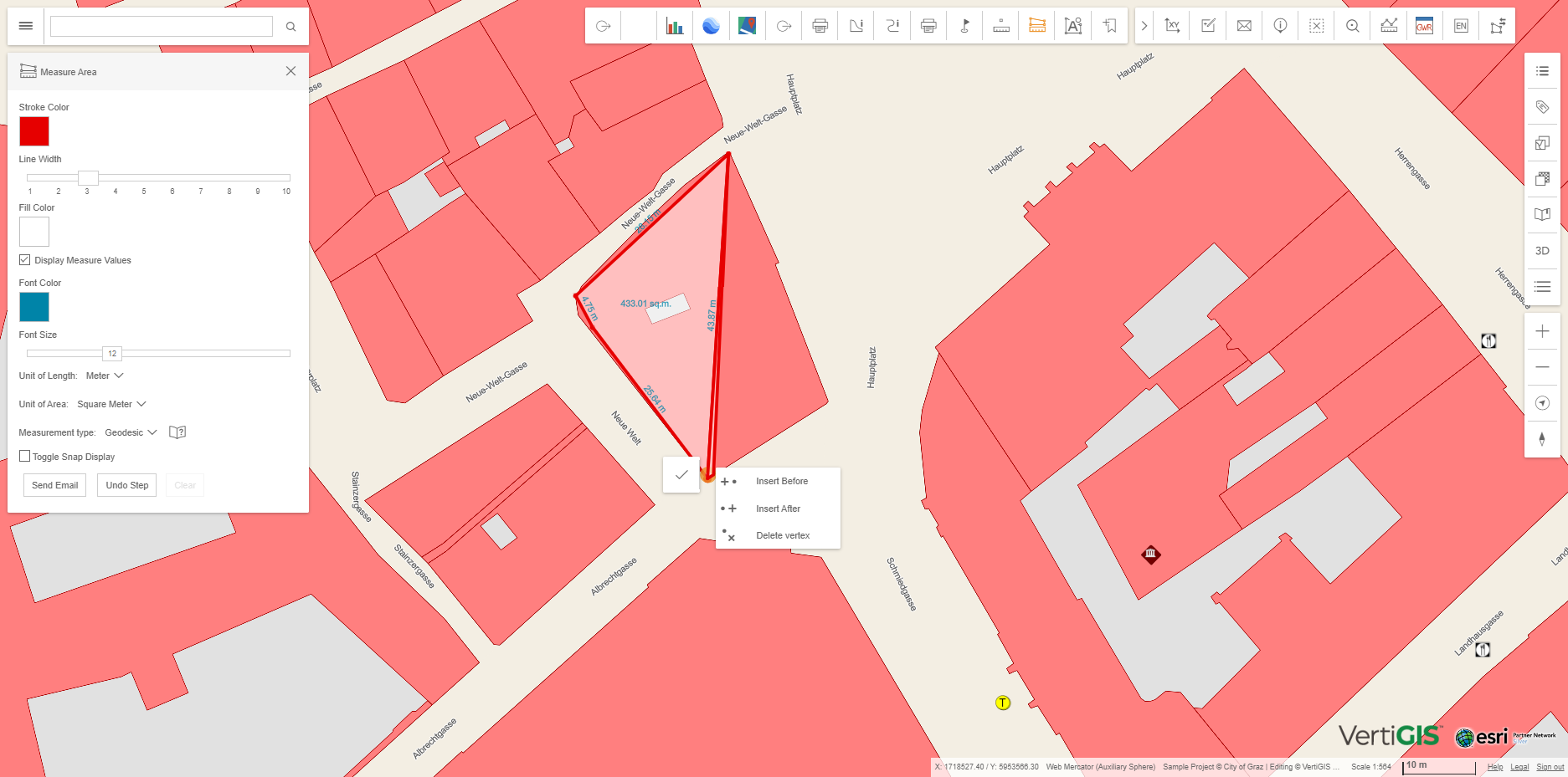 Insert or delete a vertex of an active measurement in the WebOffice flex client